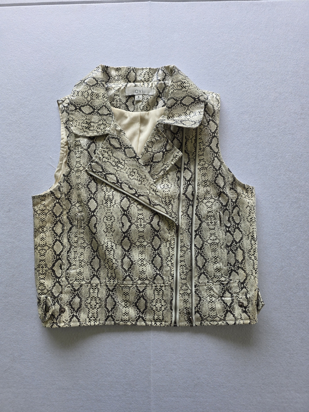 Ovi Snake-Print Sleeveless Moto Vest in Cream and Black
